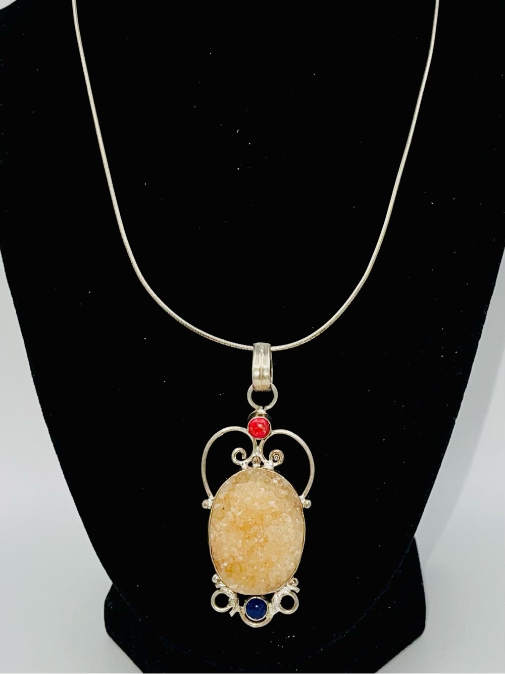 Vintage Sterling Silver Citrine Druzy Geode Statement Pendant Necklace